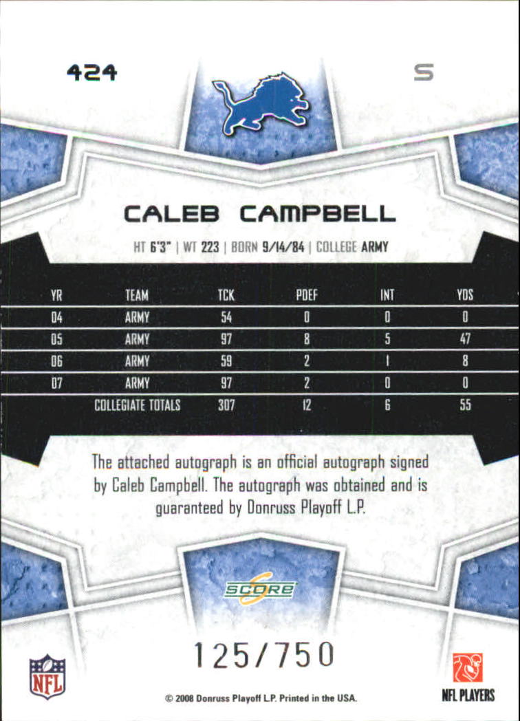 2008 Select Inscriptions #424 Caleb Campbell/750 back image