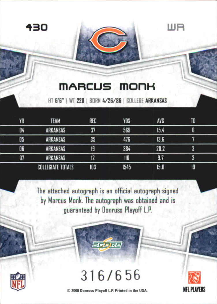 2008 Select Inscriptions #430 Marcus Monk/656 back image