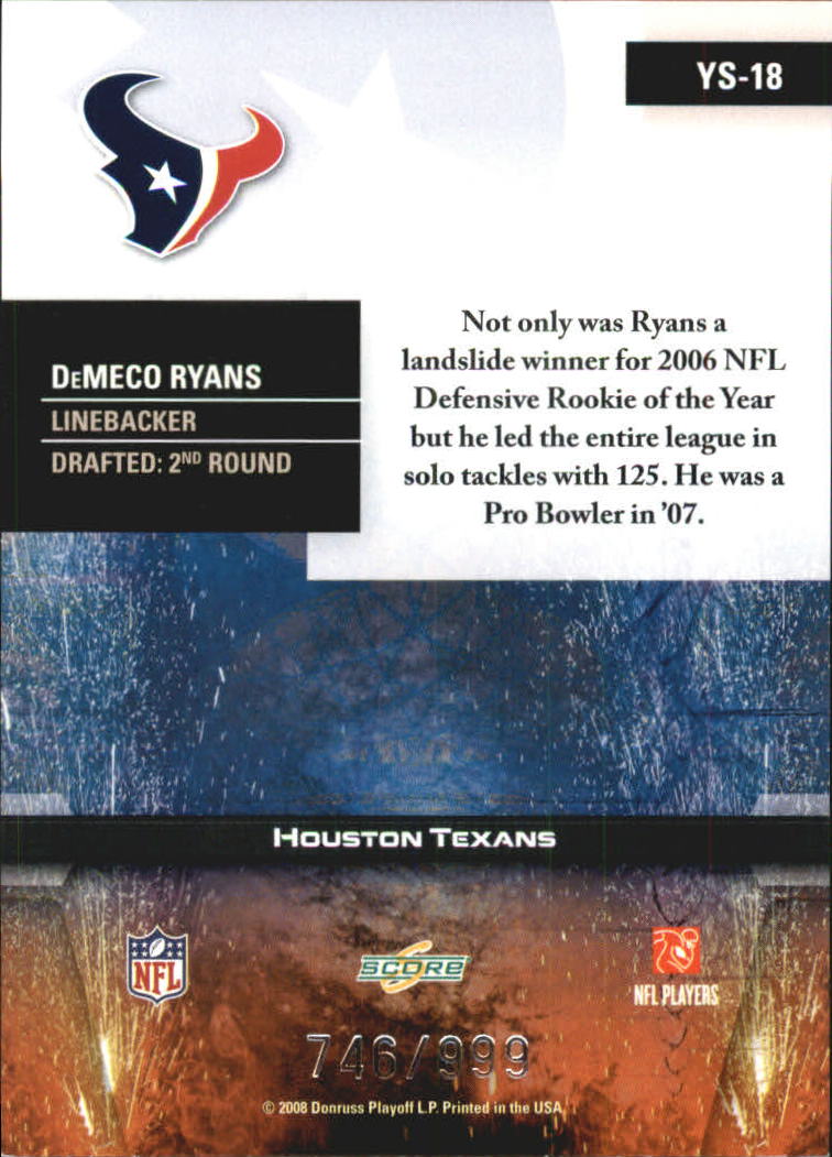 2008 Select Young Stars #18 DeMeco Ryans back image