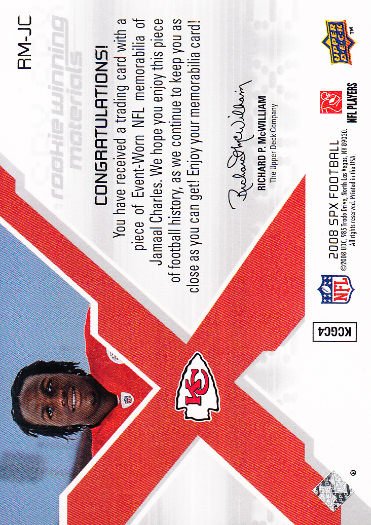 2008 SPx Rookie Materials NFL Letters Dual 199 #RMJC Jamaal Charles back image