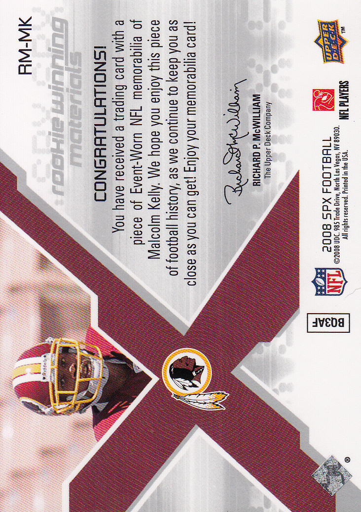 2008 SPx Rookie Materials Star and Position Dual 149 #RMMK Malcolm Kelly back image