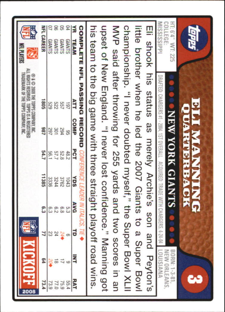 2008 Topps Kickoff #3 Eli Manning back image