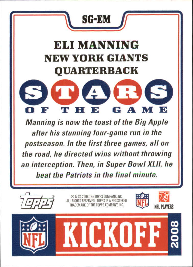 2008 Topps Kickoff Stars of the Game #SGEM Eli Manning back image