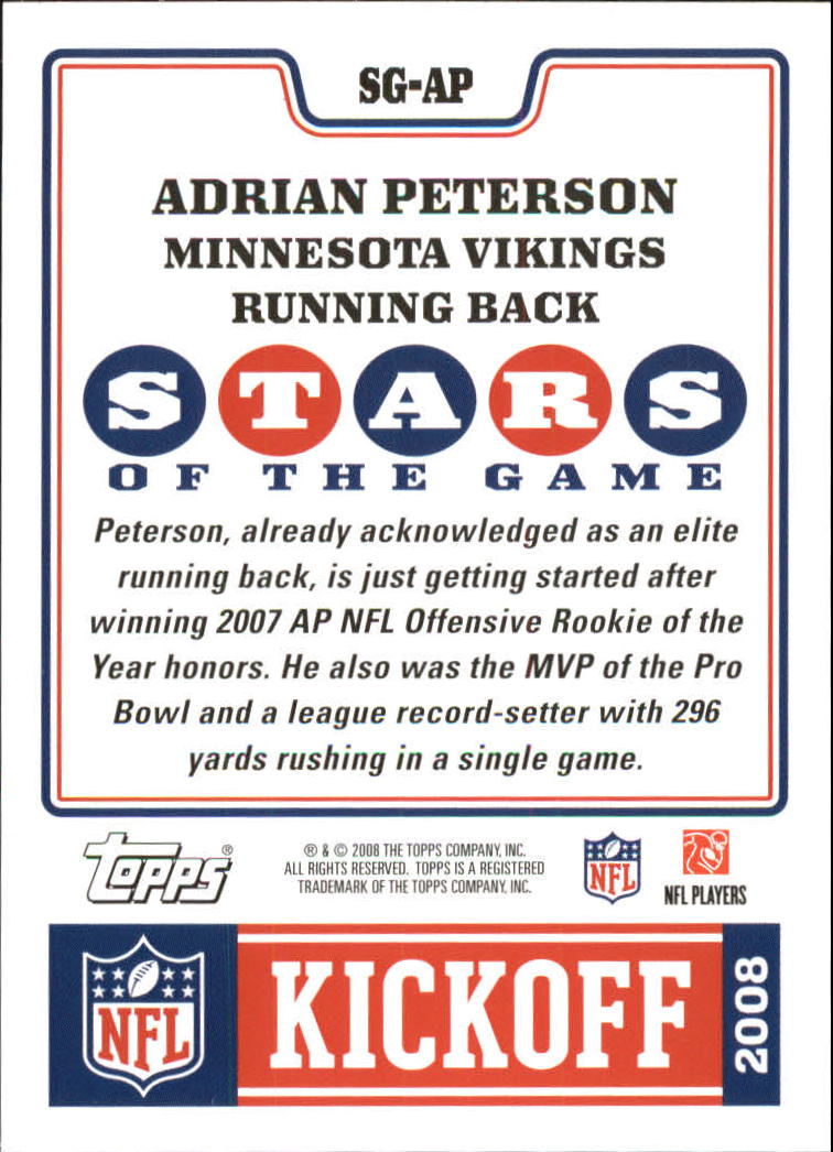 2008 Topps Kickoff Stars of the Game #SGAP Adrian Peterson back image