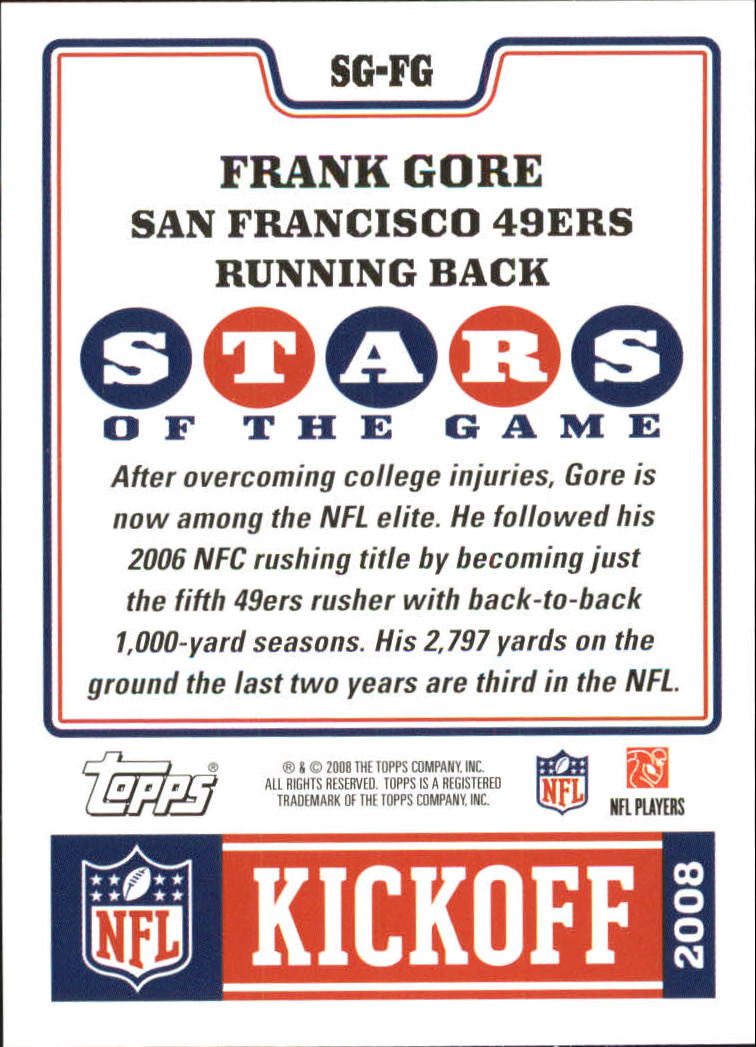 2008 Topps Kickoff Stars of the Game #SGFG Frank Gore back image