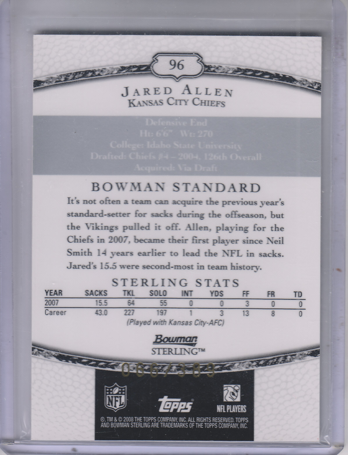 2008 Bowman Sterling #96 Jared Allen JSY back image