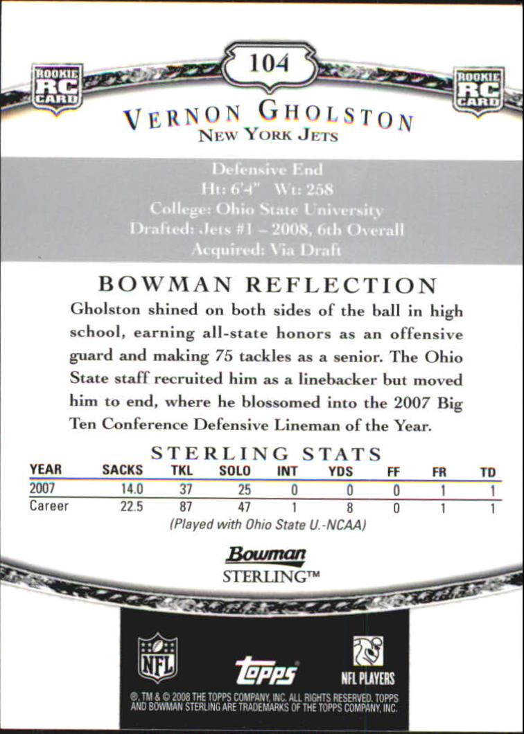 2008 Bowman Sterling #104 Vernon Gholston AU RC back image