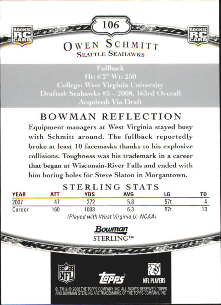 2008 Bowman Sterling #106 Owen Schmitt AU RC back image