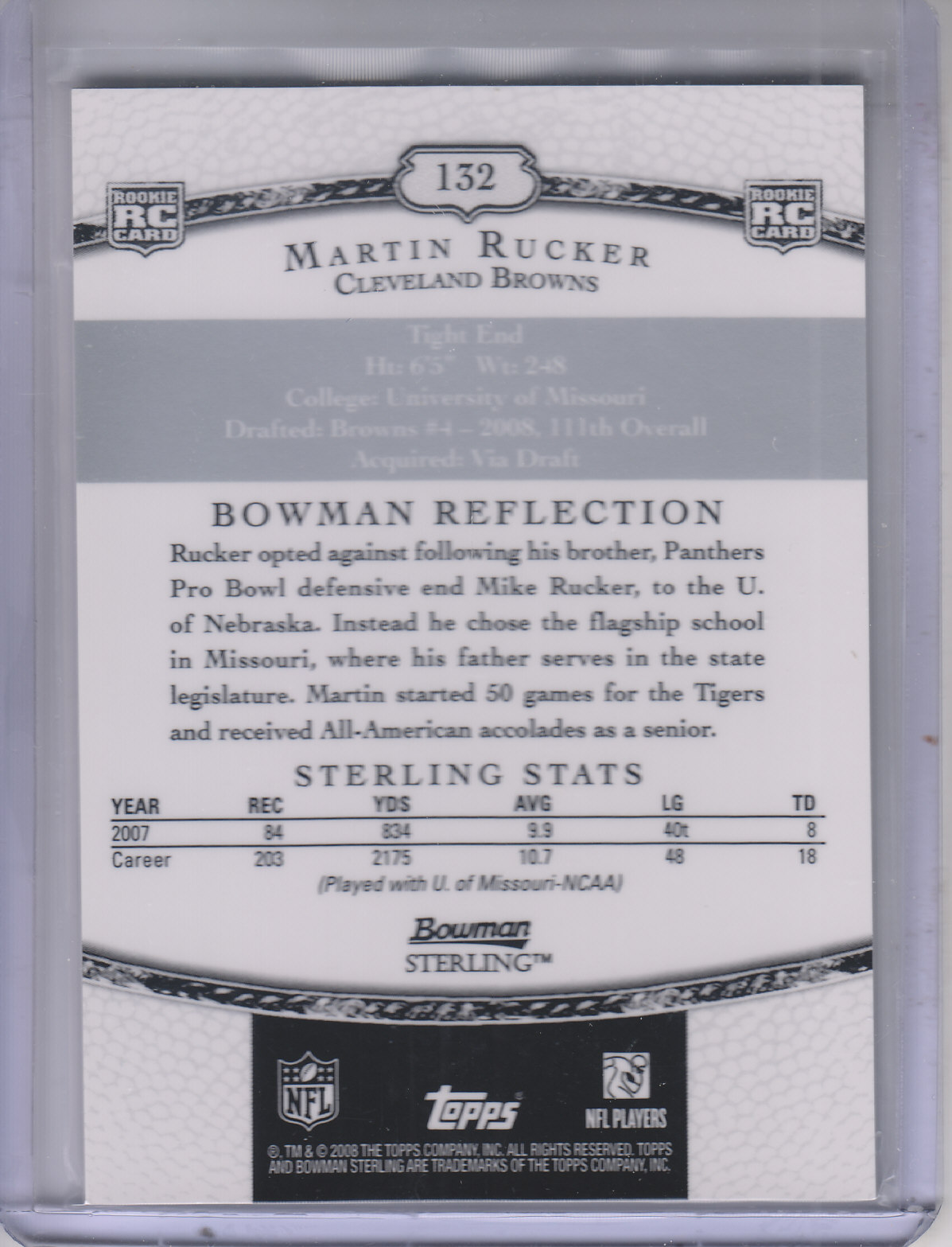 2008 Bowman Sterling #132 Martin Rucker AU RC back image
