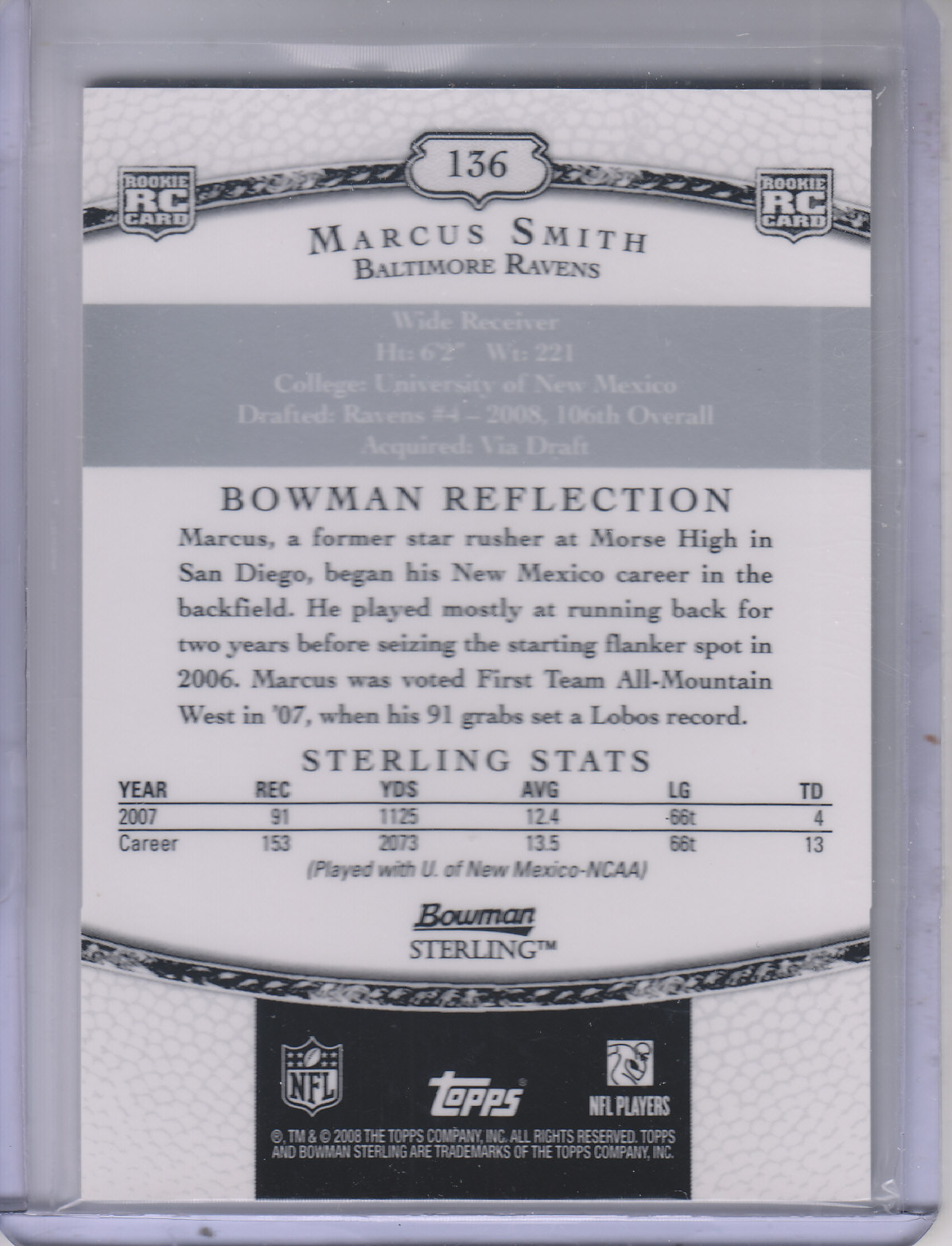 2008 Bowman Sterling #136 Marcus Smith AU RC back image