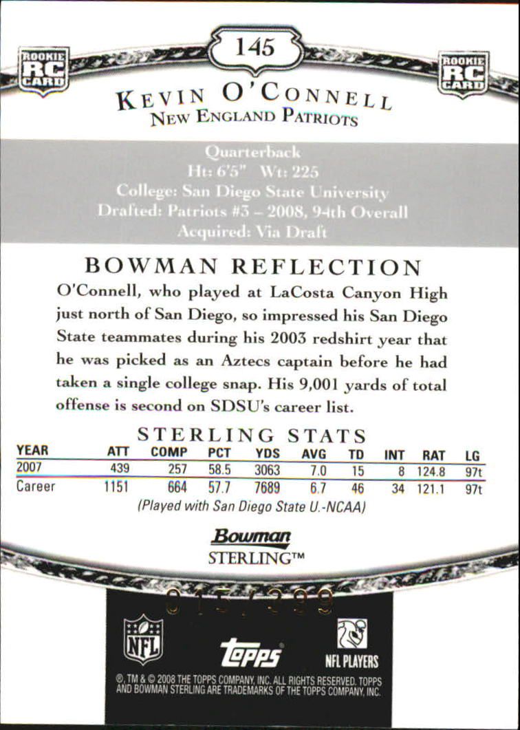 2008 Bowman Sterling #145 Kevin O'Connell JSY RC back image