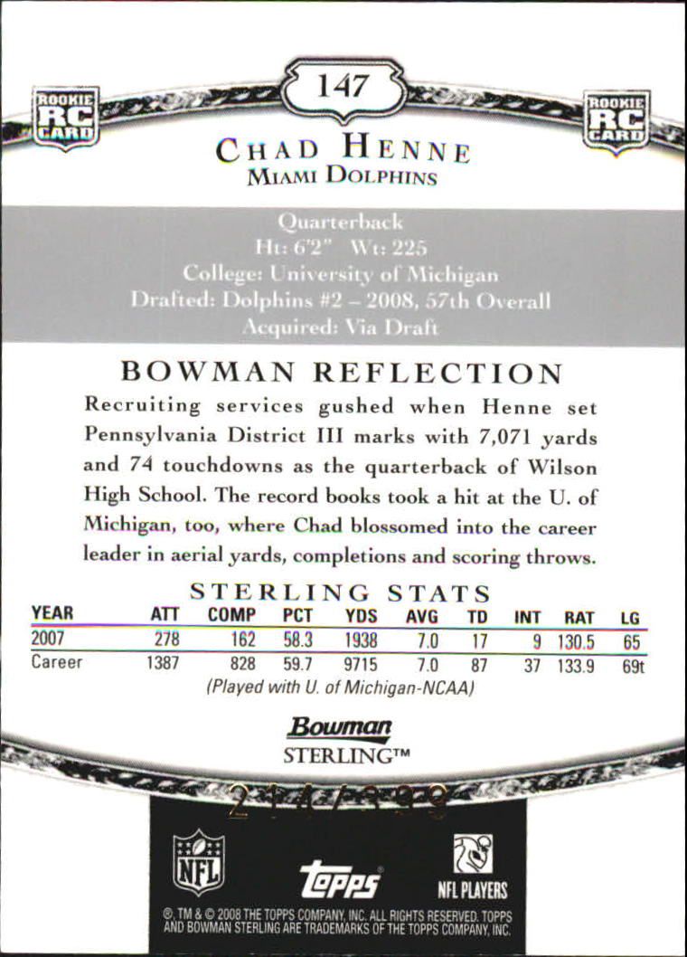 2008 Bowman Sterling #147A Chad Henne JSY RC back image