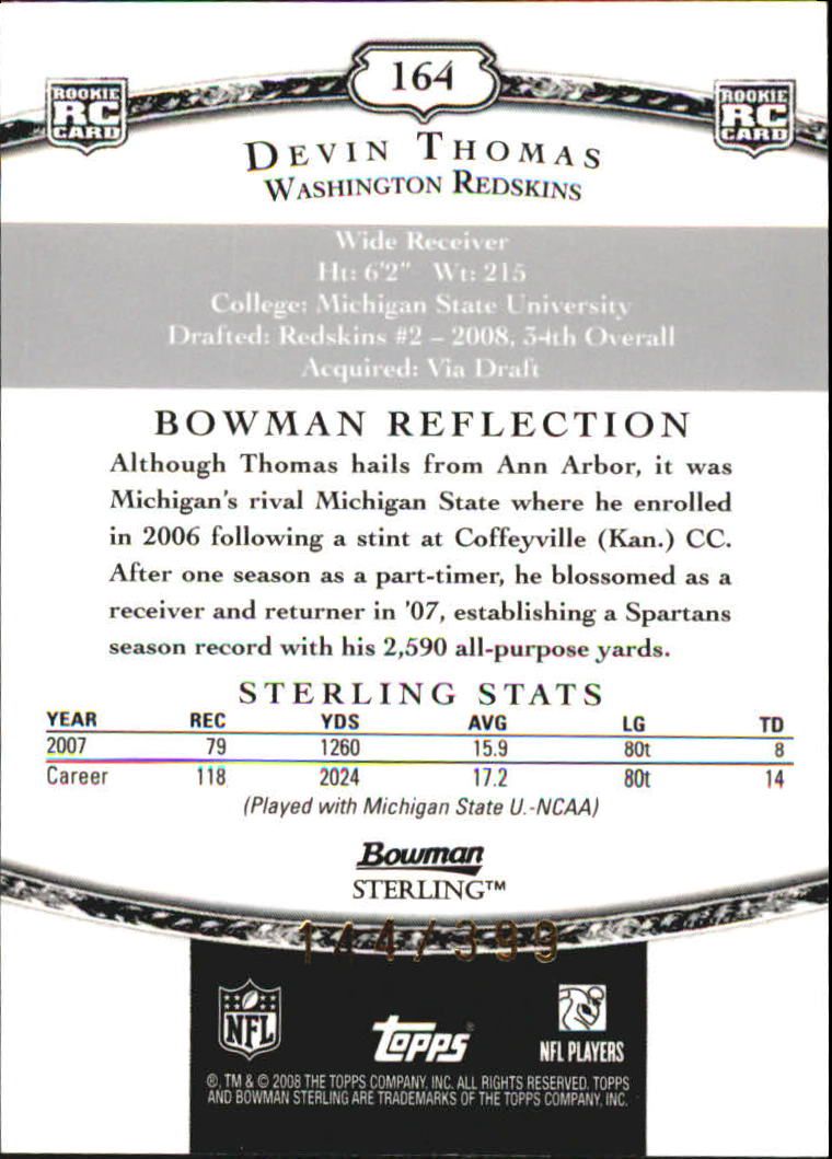 2008 Bowman Sterling #164 Devin Thomas JSY RC back image