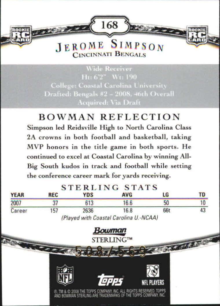2008 Bowman Sterling #168 Jerome Simpson JSY RC back image