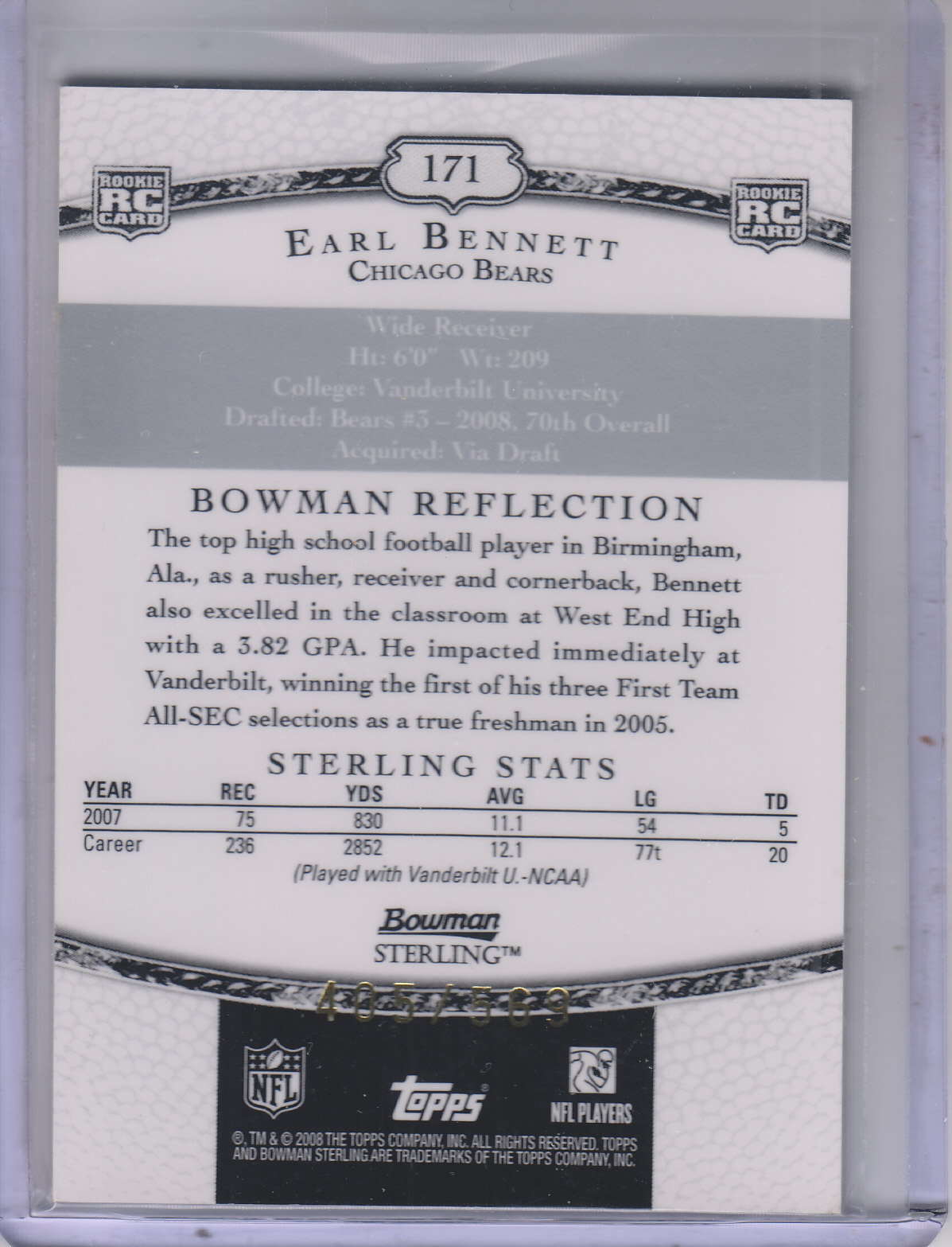 2008 Bowman Sterling #171 Earl Bennett JSY RC back image