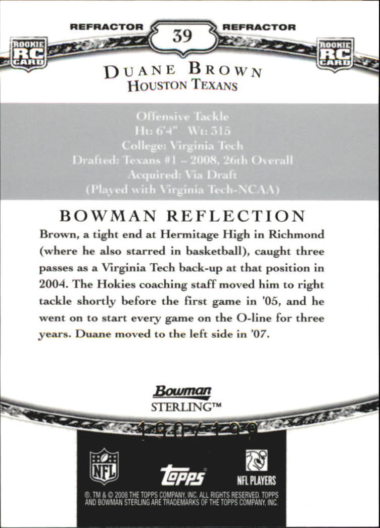 2008 Bowman Sterling Refractors #39 Duane Brown back image