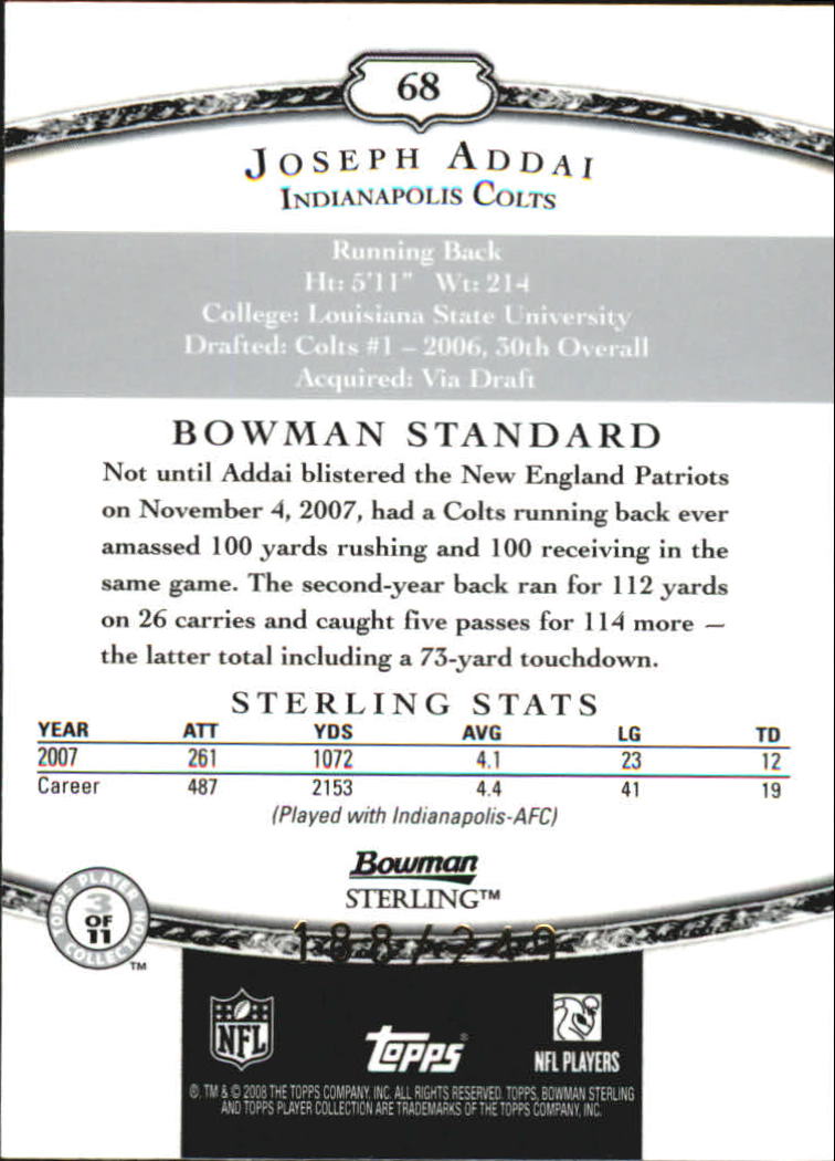 2008 Bowman Sterling Jerseys Green #68 Joseph Addai back image