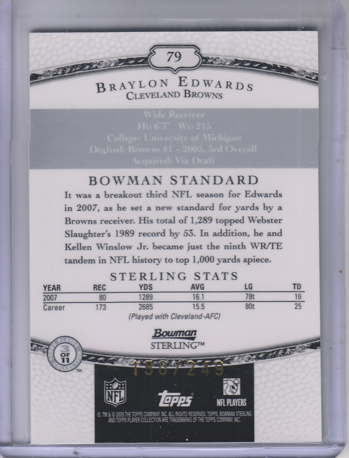 2008 Bowman Sterling Jerseys Green #79 Braylon Edwards back image
