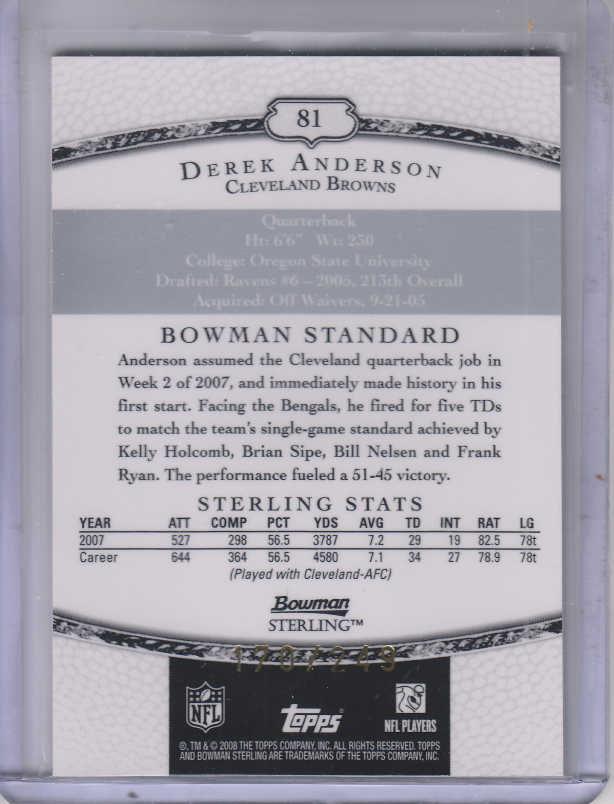 2008 Bowman Sterling Jerseys Green #81 Derek Anderson back image