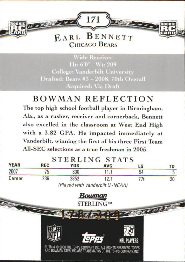 2008 Bowman Sterling Jerseys Large Swatch #171 Earl Bennett back image