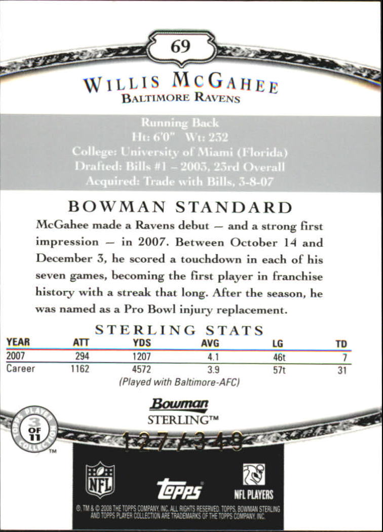 2008 Bowman Sterling Jerseys Blue #69 Willis McGahee back image