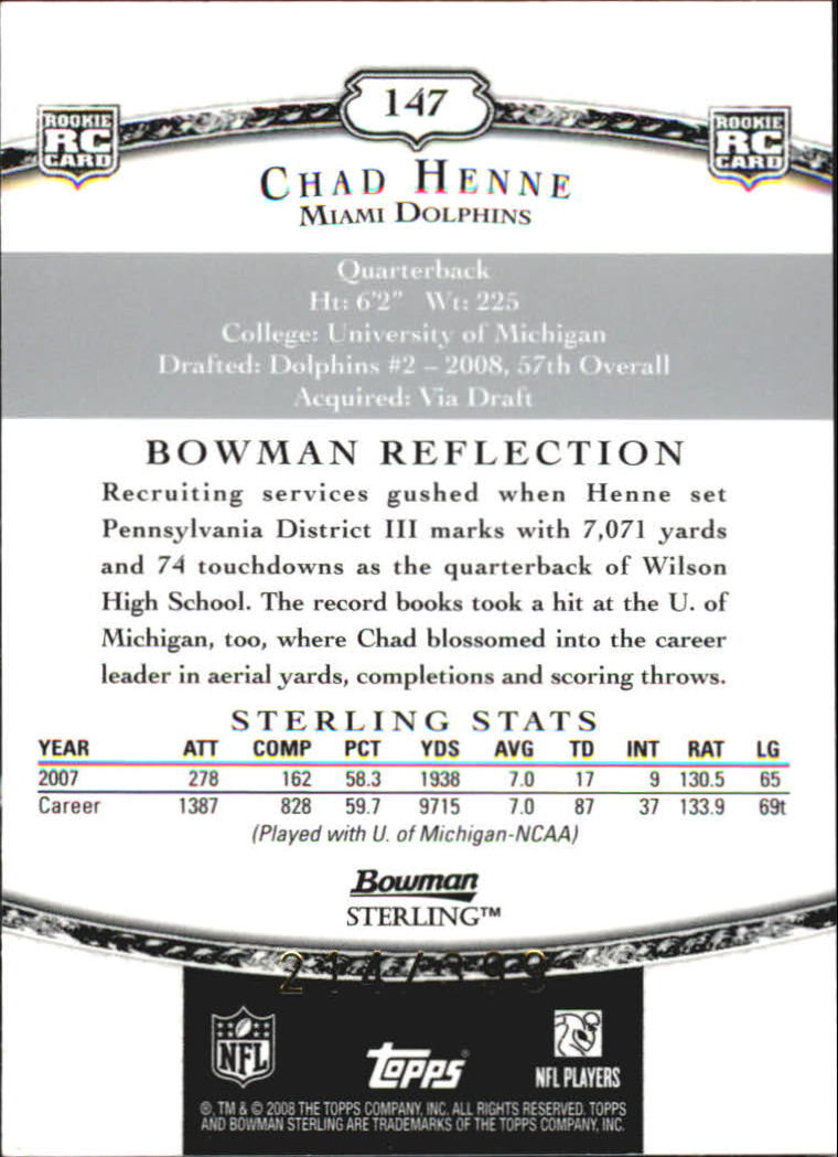 2008 Bowman Sterling Jerseys Blue #147 Chad Henne back image