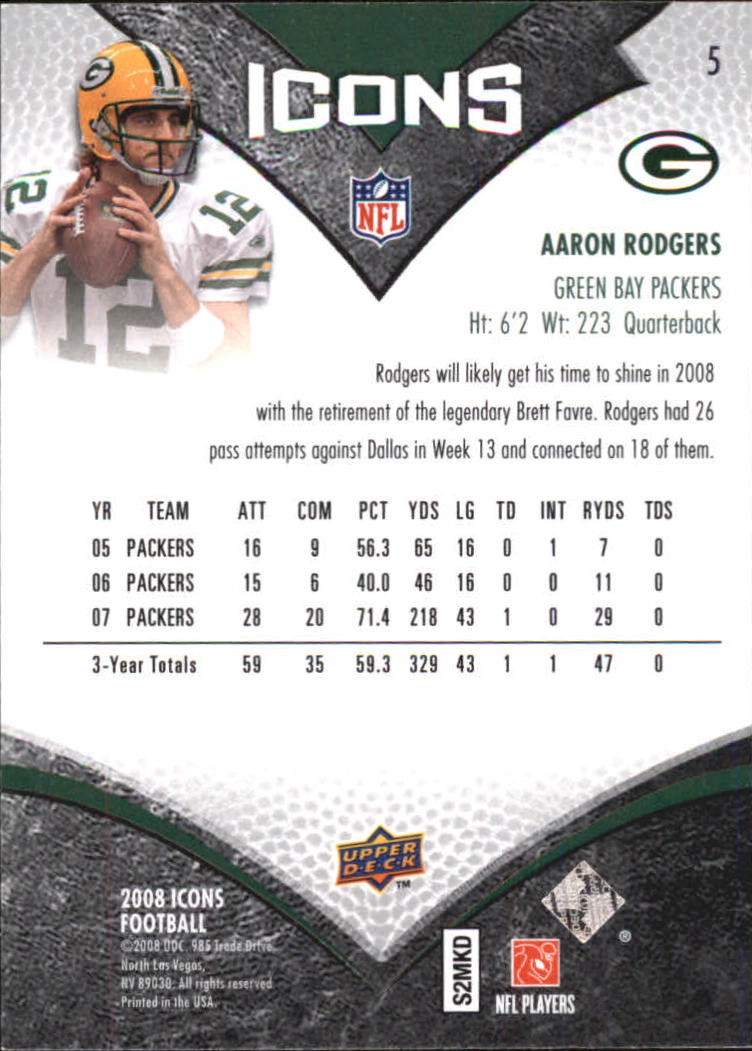 2008 Upper Deck Icons #5 Aaron Rodgers back image
