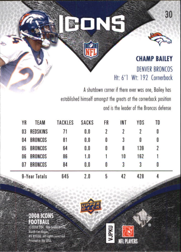 2008 Upper Deck Icons #30 Champ Bailey back image