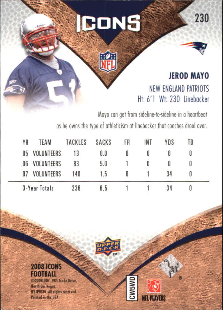 2008 Upper Deck Icons #230 Jerod Mayo RC back image