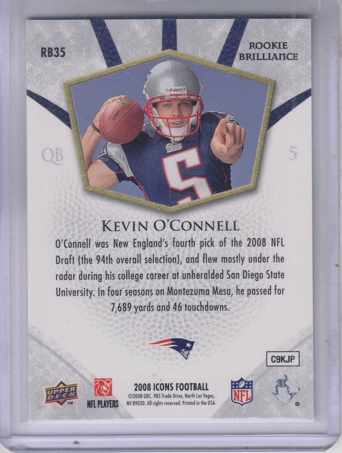 2008 Upper Deck Icons Rookie Brilliance Silver #RB35 Kevin O'Connell back image