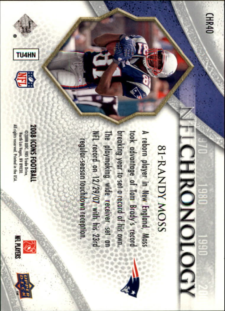 2008 Upper Deck Icons NFL Chronology Blue #CHR40 Randy Moss back image