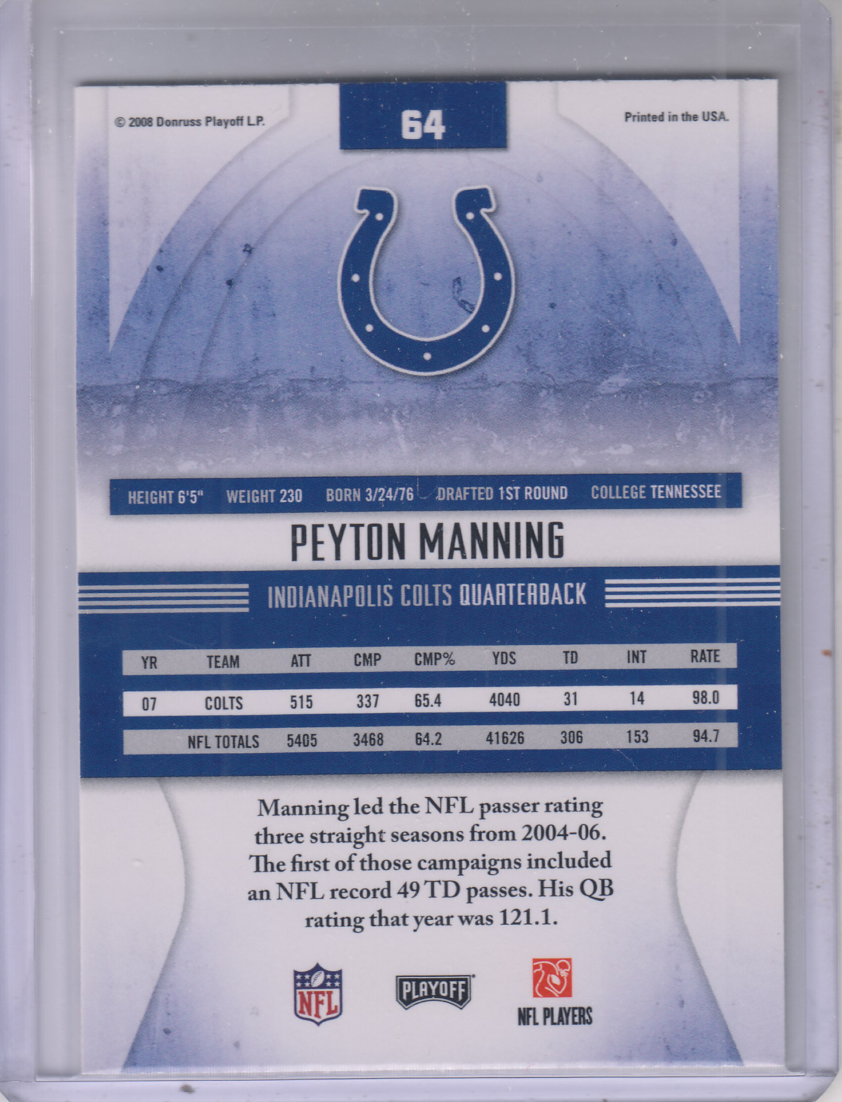 2008 Absolute Memorabilia #64 Peyton Manning back image