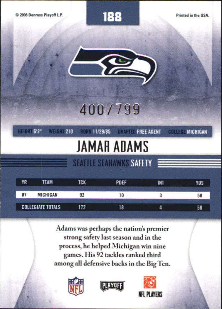 2008 Absolute Memorabilia #188 Jamar Adams RC back image