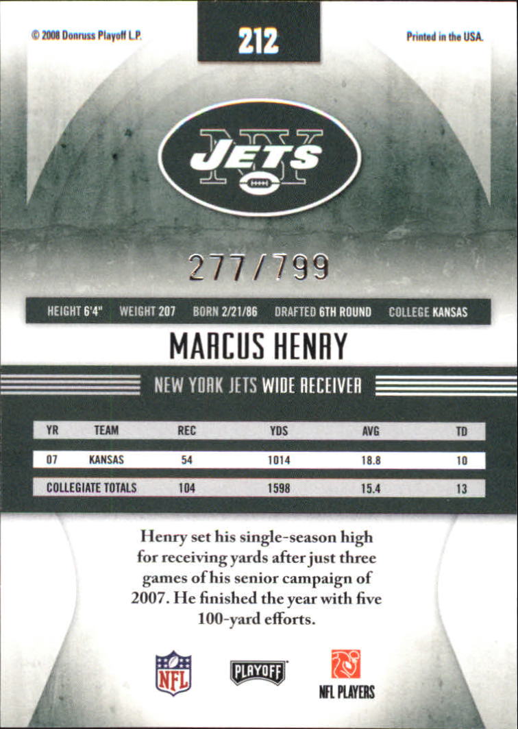 2008 Absolute Memorabilia #212 Marcus Henry RC back image