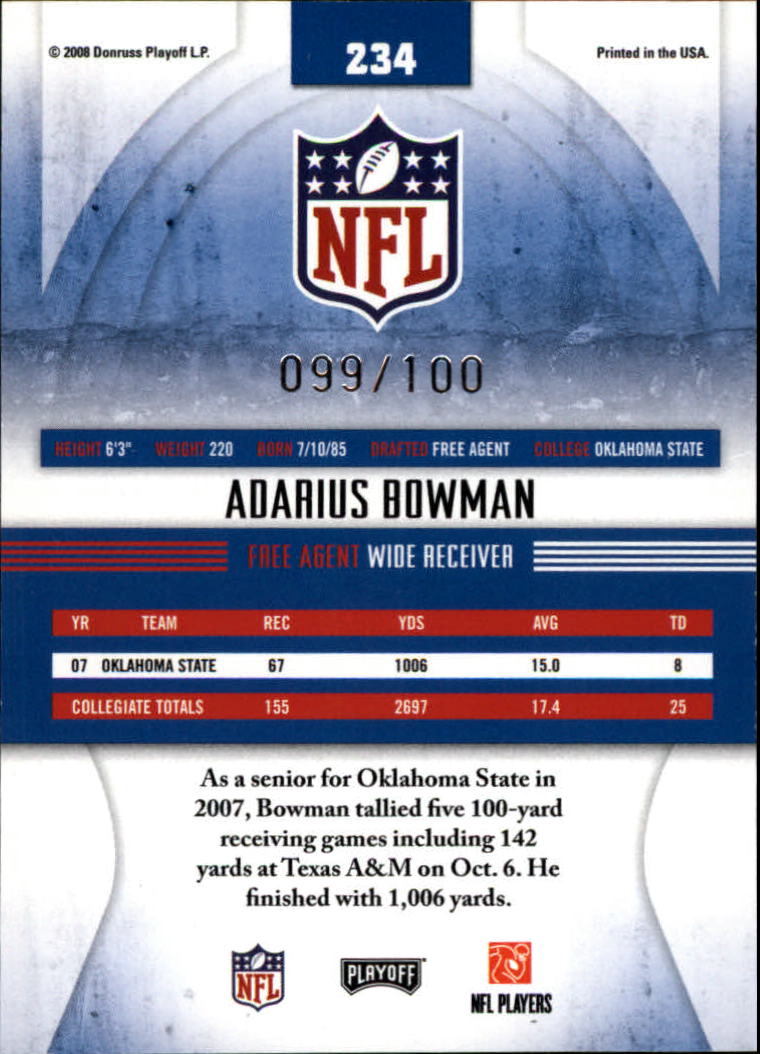 2008 Absolute Memorabilia Spectrum Silver #234 Adarius Bowman back image