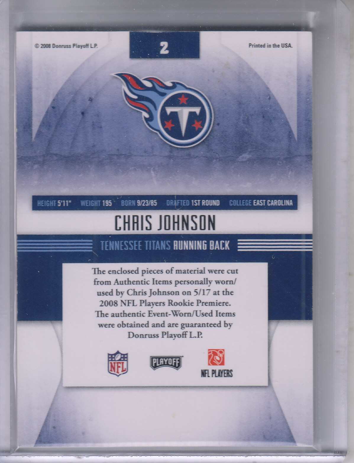 2008 Absolute Memorabilia Rookie Jersey Collection #2 Chris Johnson back image