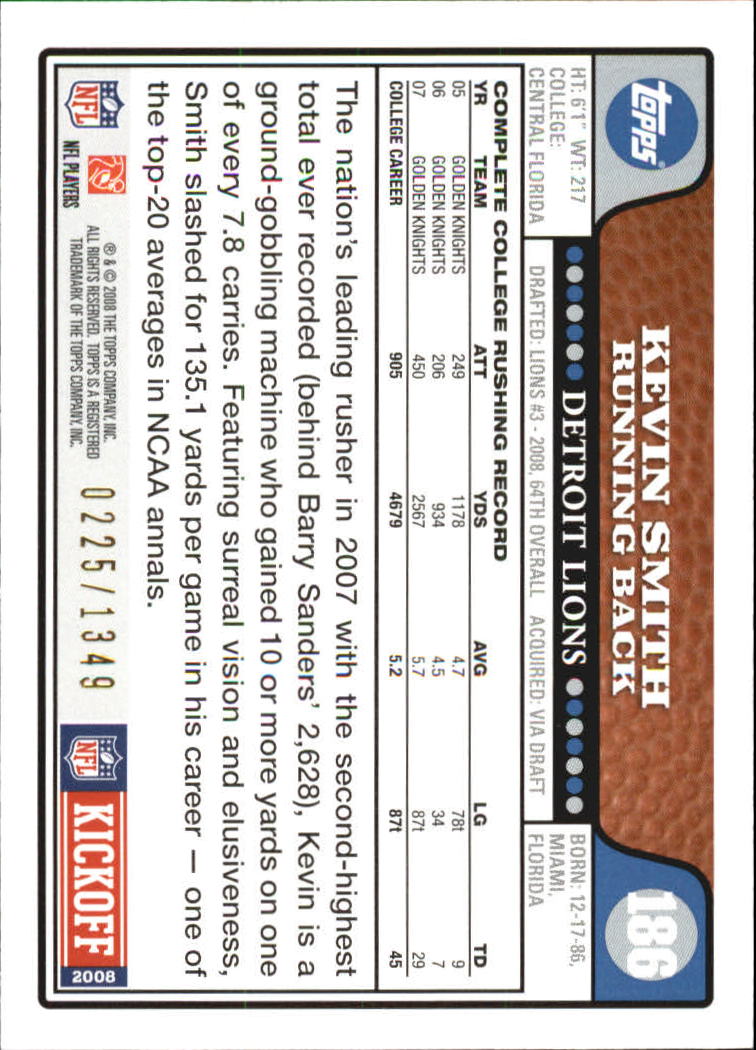 2008 Topps Kickoff Silver Holofoil #186 Kevin Smith back image