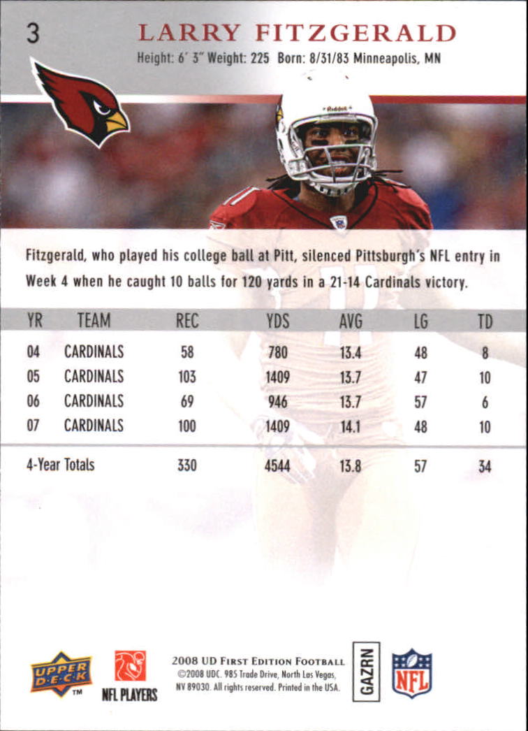 2008 Upper Deck First Edition #3 Larry Fitzgerald back image