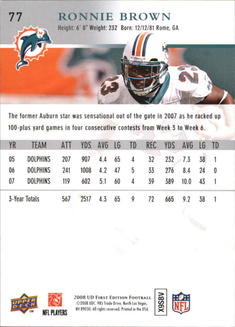 2008 Upper Deck First Edition #77 Ronnie Brown back image