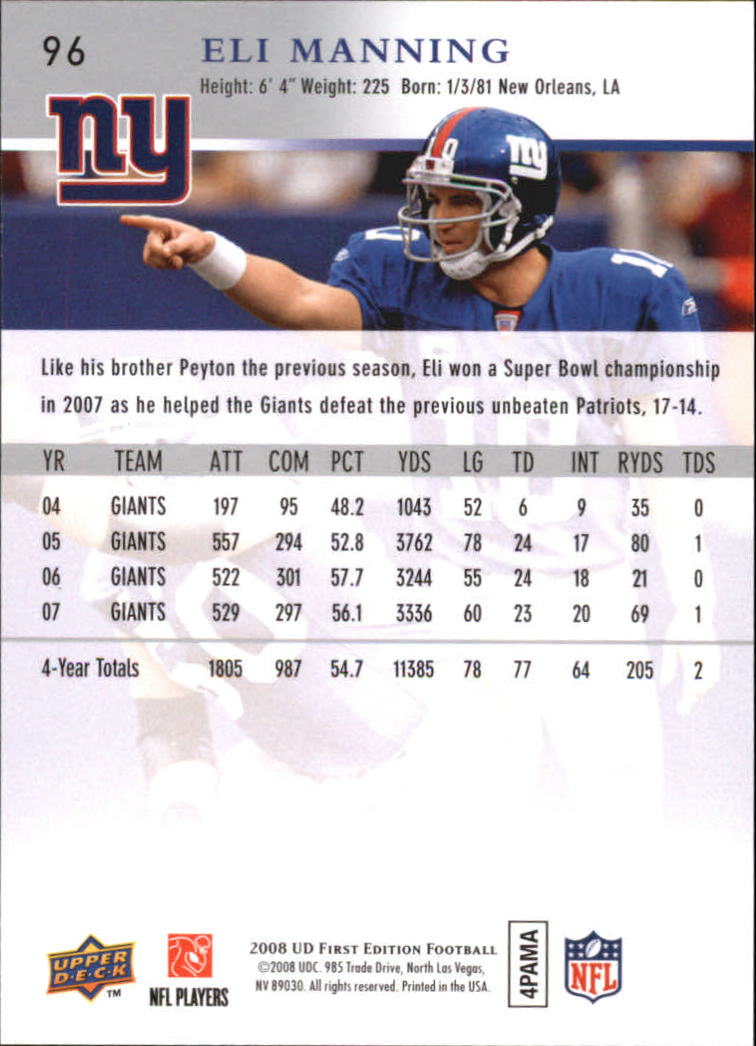2008 Upper Deck First Edition #96 Eli Manning back image