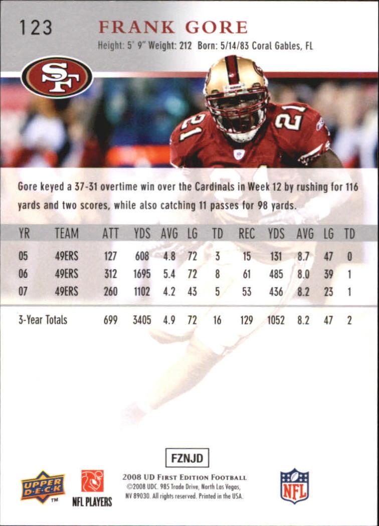 2008 Upper Deck First Edition #123 Frank Gore back image