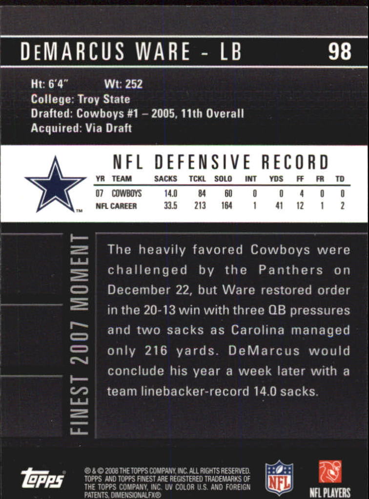 2008 Finest #98 DeMarcus Ware back image