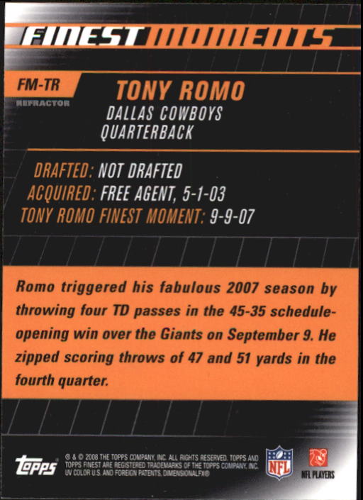 2008 Finest Moments Refractors #FMTR Tony Romo back image