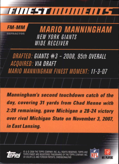 2008 Finest Moments Refractors #FMMM Mario Manningham back image