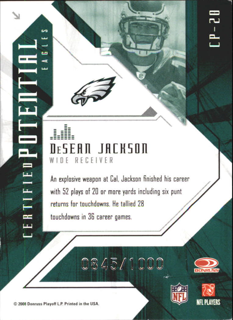 2008 Leaf Certified Materials Certified Potential #20 DeSean Jackson back image