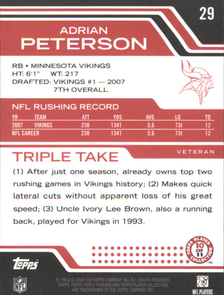 2008 Topps Triple Threads #29 Adrian Peterson back image