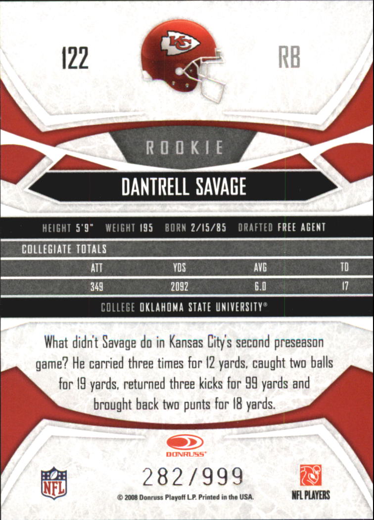 2008 Donruss Gridiron Gear #122 Dantrell Savage RC back image
