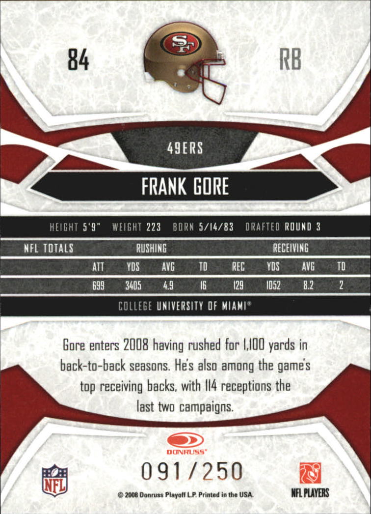2008 Donruss Gridiron Gear Silver Holofoil X's #84 Frank Gore back image