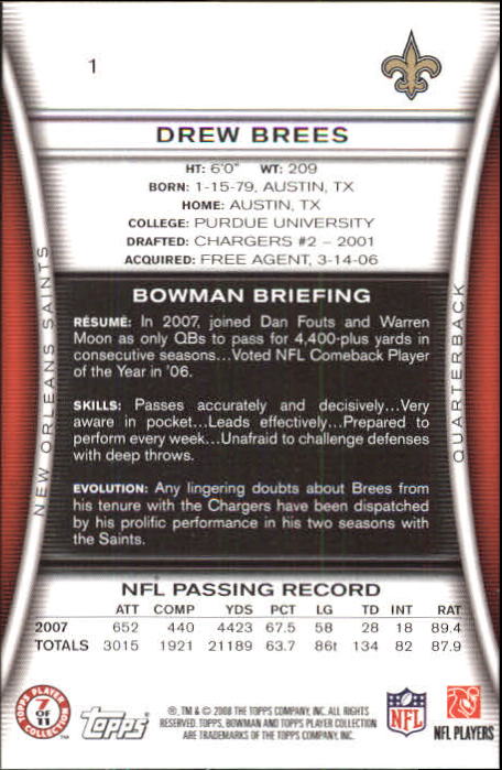 2008 Bowman #1 Drew Brees back image