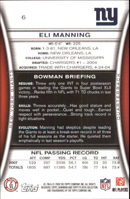 2008 Bowman #6 Eli Manning back image